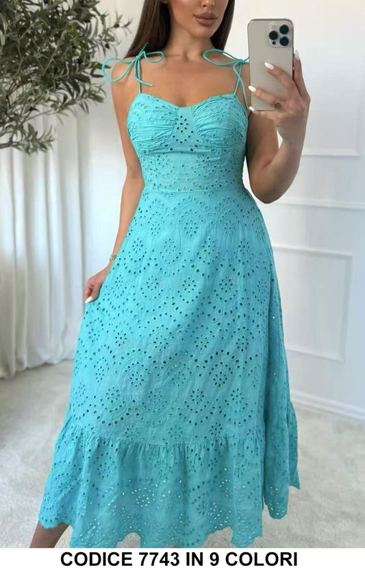 Abito lungo sangallo con spalline sottili Vestito Casual Romantico in 9 colori estivi– 7743