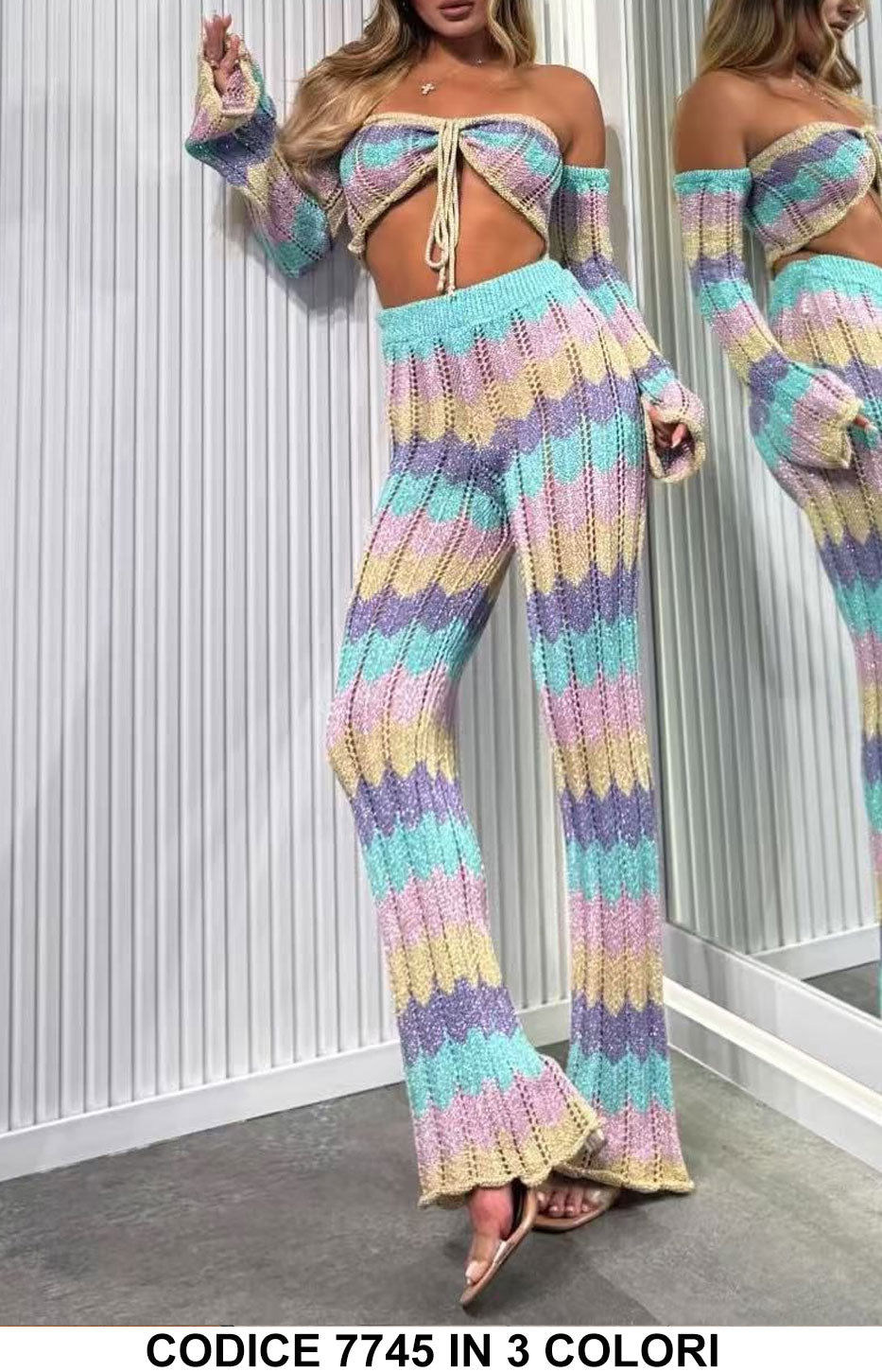 Completo estivo uncinetto a fantasia zig-zag Maglia Top Reggiseno Pantaloni Zampa in 3 Colori – 7745