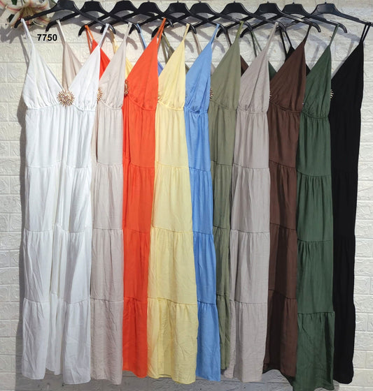 Abito Lungo Estivo con Spalline e Decorazione Gioiello Vestito a Balze in 10 Colori – 7750