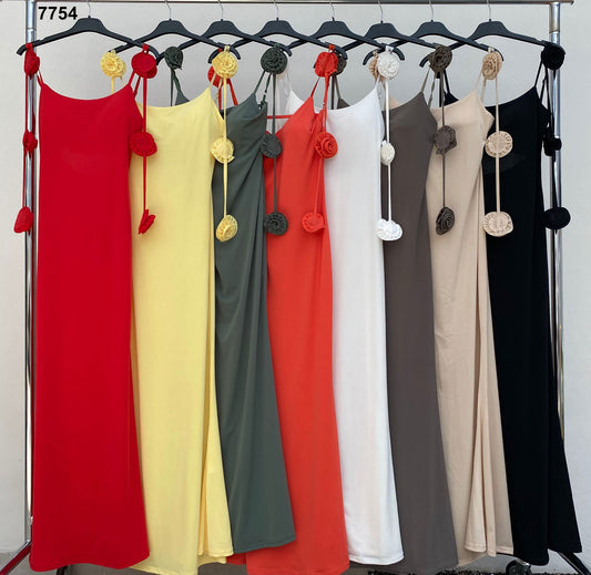 Abito Lungo Estivo con Spalline Cadenti a Fiore Vestito Elegante Originale in 8 Colori – 7754