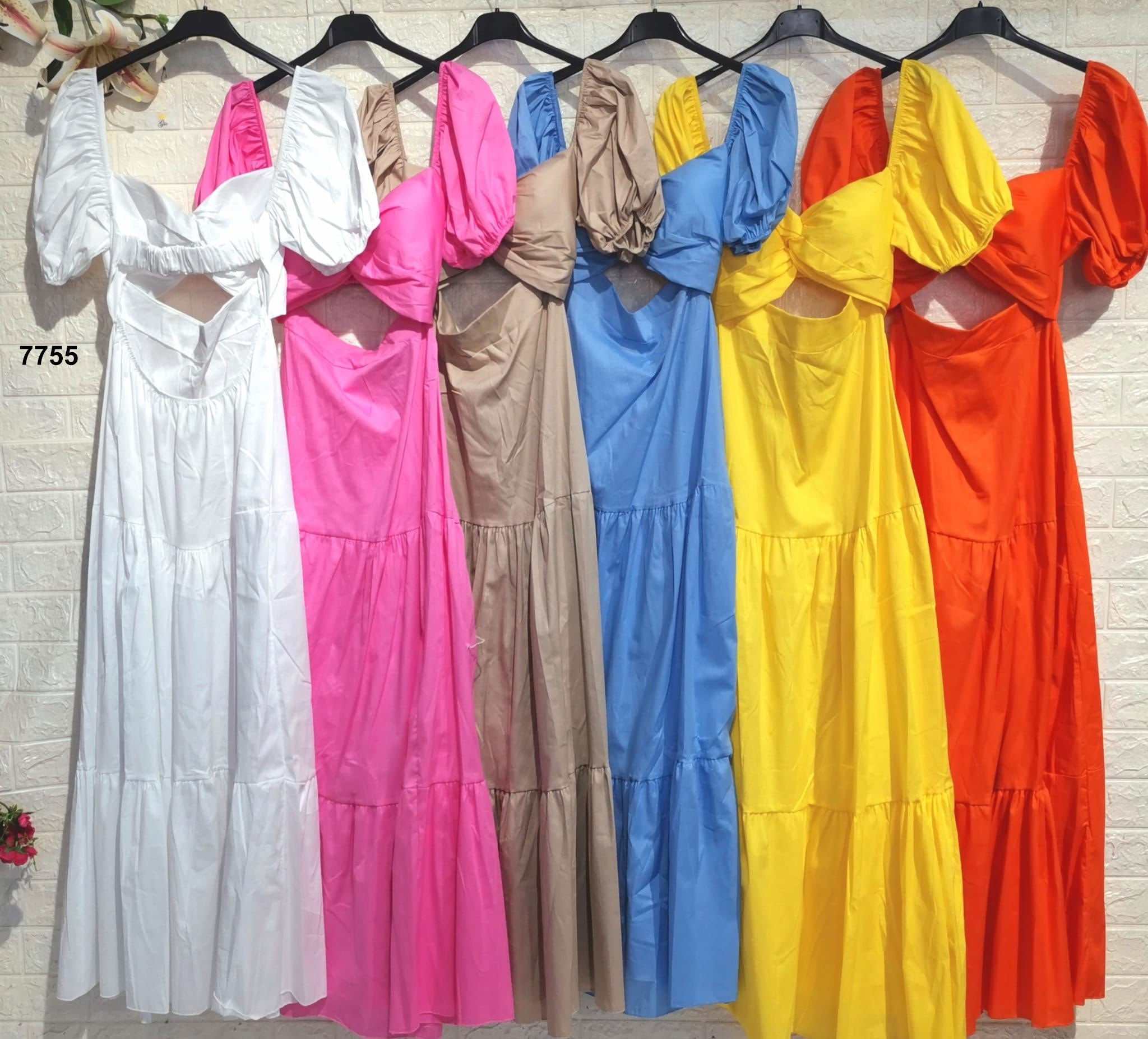 Abito Lungo Estivo con Maniche a Palloncino e Nodo Cut-Out Vestito Casual in 12 Colori – 7755