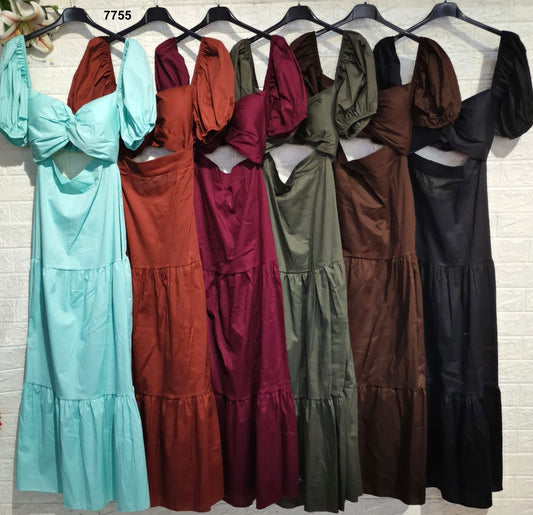 Abito Lungo Estivo con Maniche a Palloncino e Nodo Cut-Out Vestito Casual in 12 Colori – 7755