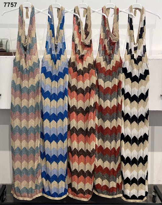 Abito Lungo Estivo All'Uncinetto con Scollo All’Americana Vestito Casual Colorato in 5 Colori – 7757