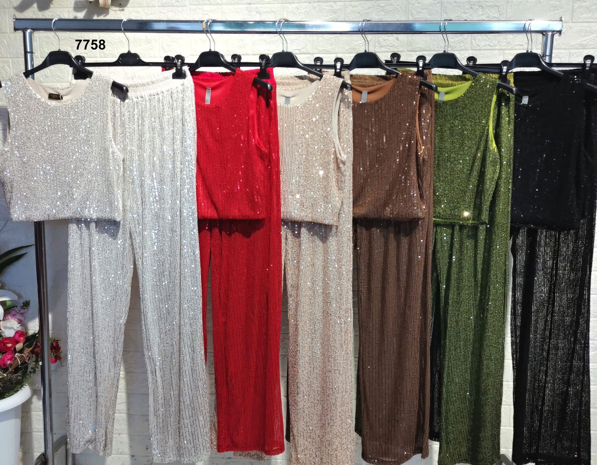 Completo Estivo Brillantinato Donna con Top Corto e Pantalone Palazzo Coordinato in 6 Colori – 7758