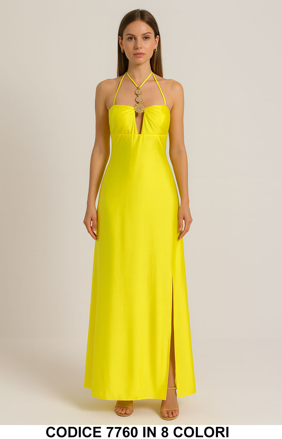 Abito Lungo Elegante con Gioiello Oro e Spacco Laterale Vestito Evento Estate in 8 Colori – 7760