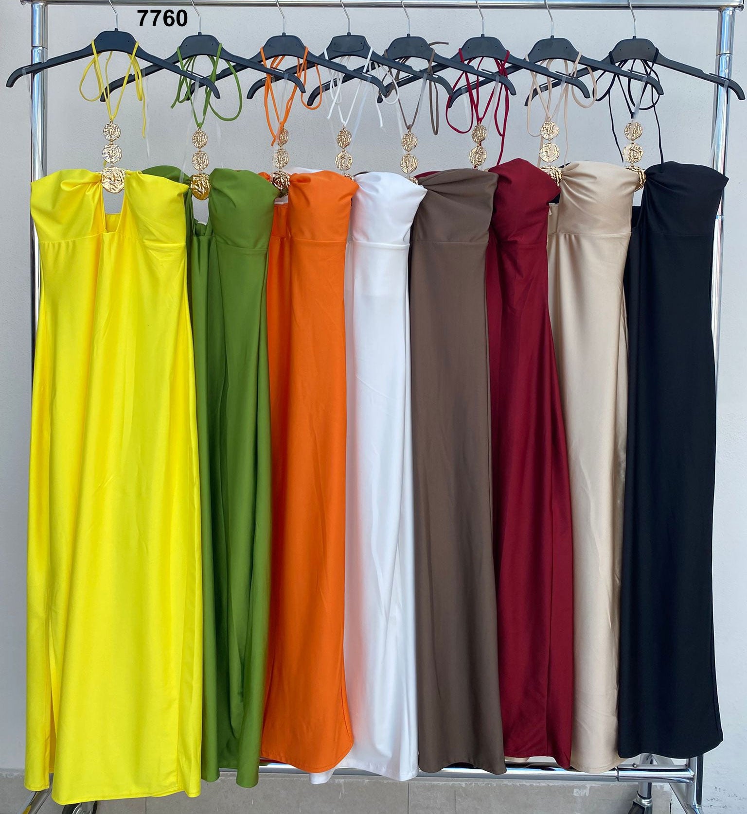 Abito Lungo Elegante con Gioiello Oro e Spacco Laterale Vestito Evento Estate in 8 Colori – 7760