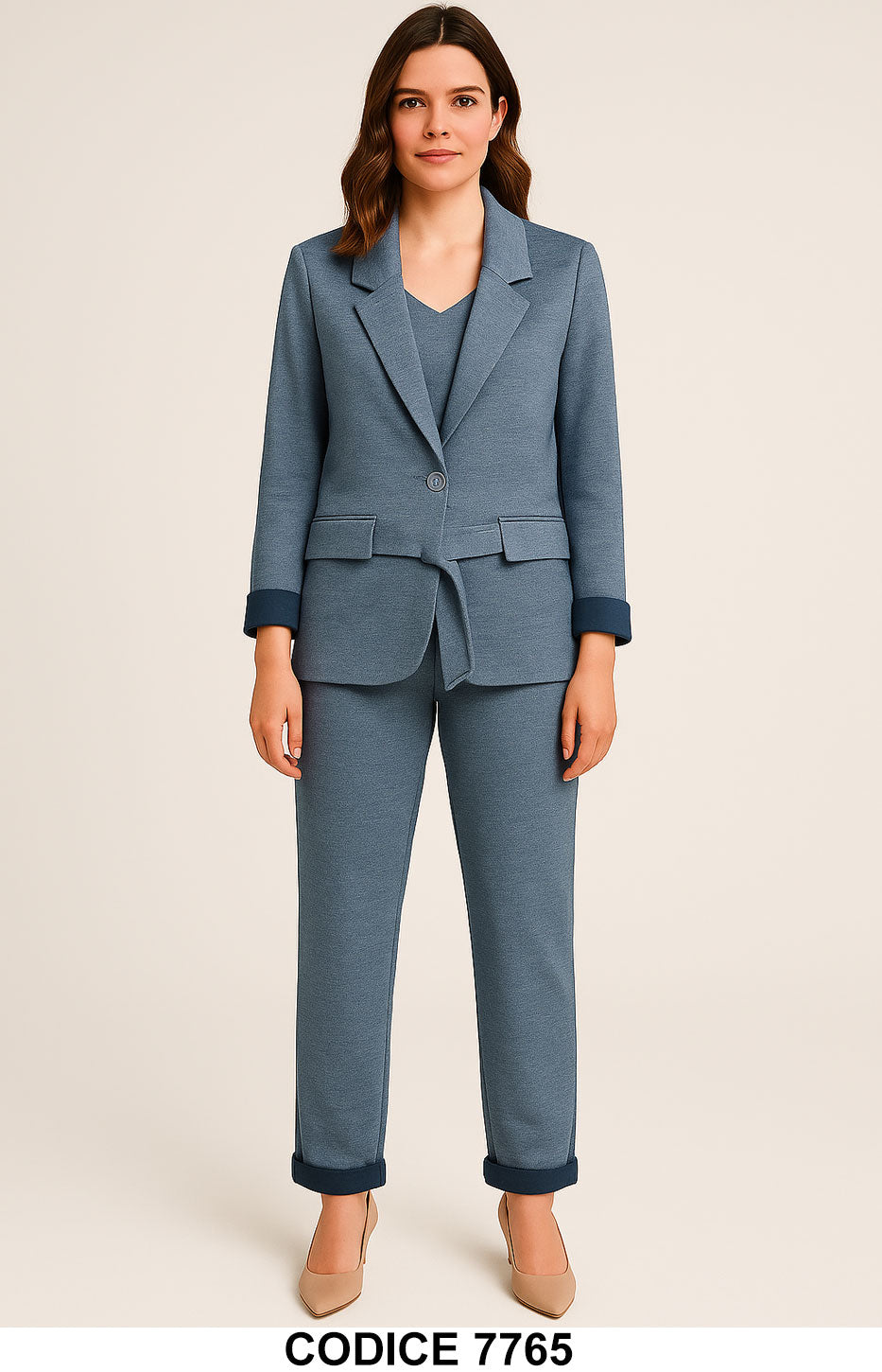 Completo Donna Blu Denim Giacca Monopetto e Pantalone con Cintura Tailleur Stile Casual Elegante - 7765Out