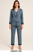Completo Donna Blu Denim Giacca Monopetto e Pantalone con Cintura Tailleur Stile Casual Elegante - 7765Out