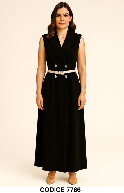 Vestito Lungo Nero Doppiopetto Smanicato con Cintura Abito Stile Elegante e Grintoso - 7766