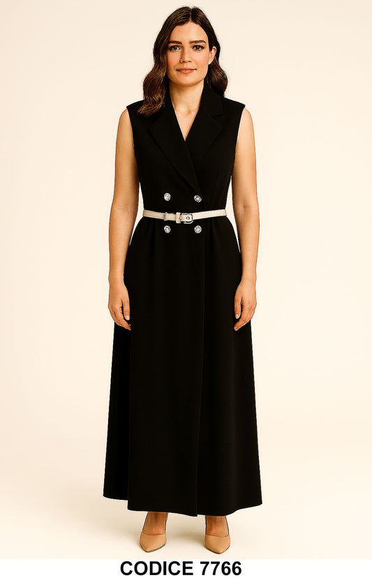 Vestito Lungo Nero Doppiopetto Smanicato con Cintura Abito Stile Elegante e Grintoso - 7766Out