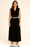 Vestito Lungo Nero Doppiopetto Smanicato con Cintura Abito Stile Elegante e Grintoso - 7766Out