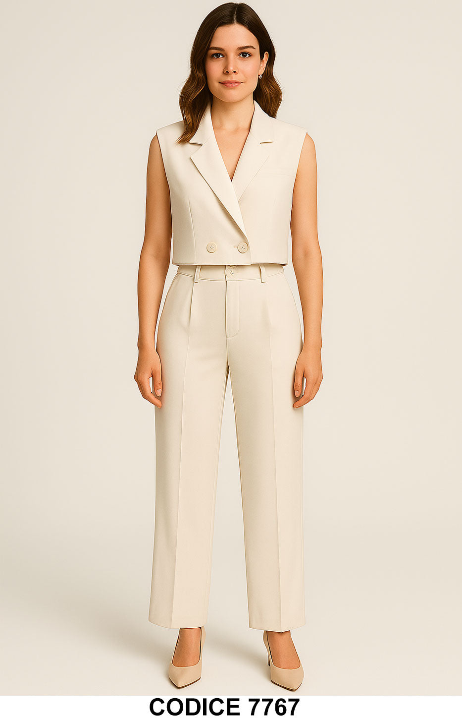 Completo Donna Smanicato con Gilet Corto Doppiopetto e Pantalone Elegante Tailleur Panna - 7767