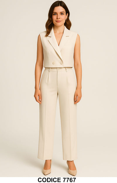 Completo Donna Smanicato con Gilet Corto Doppiopetto e Pantalone Elegante Tailleur Panna - 7767