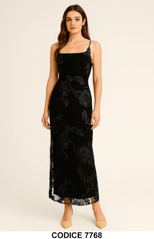 Abito Lungo Elegante con Ricamo Floreale Nero in Tulle Vestito Evento Cerimonia – 7768