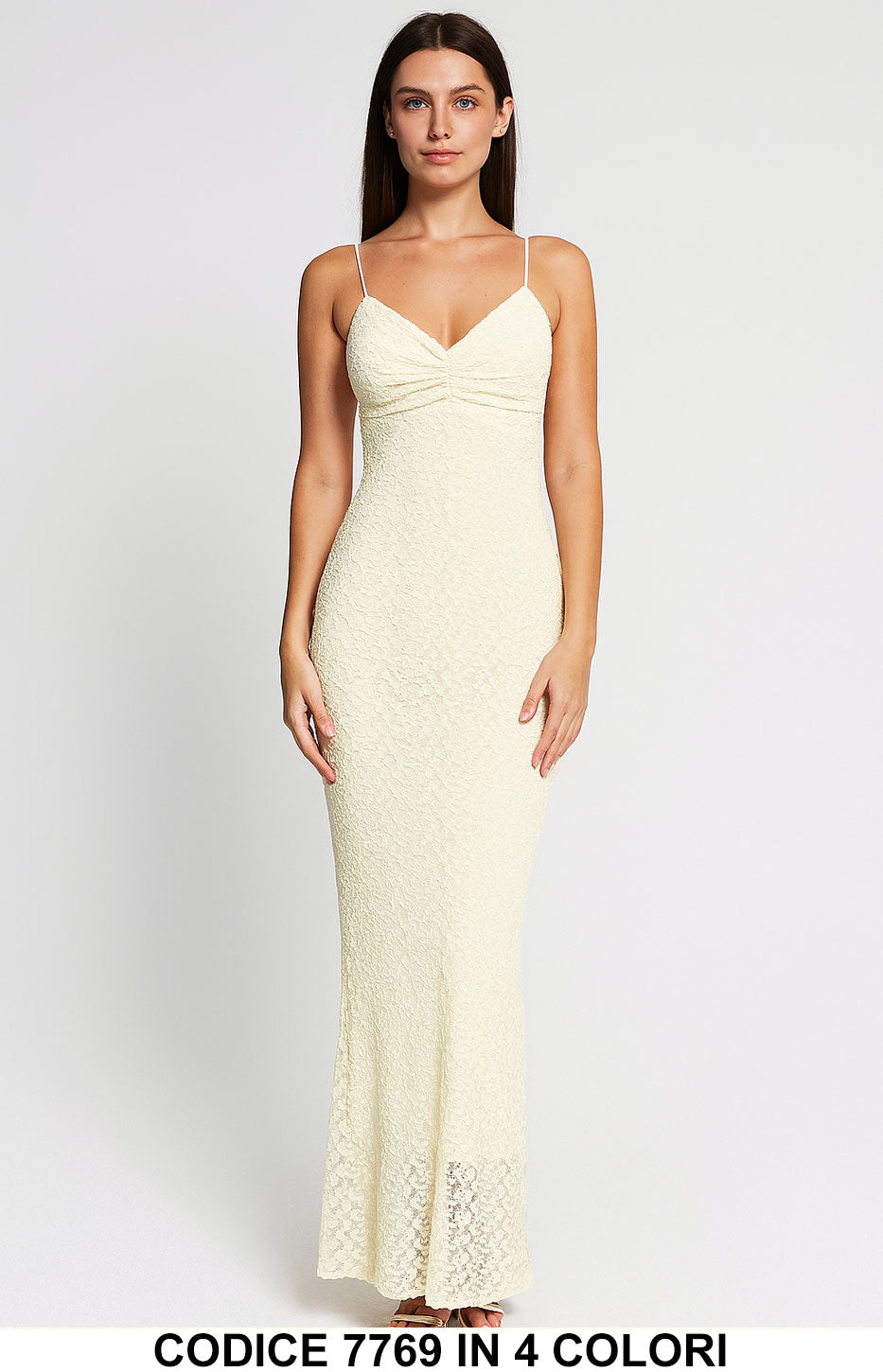 Abito Lungo Estivo in Pizzo con Scollo a Cuore e Spalline Sottili Vestito Romantico in 4 Colori – 7769