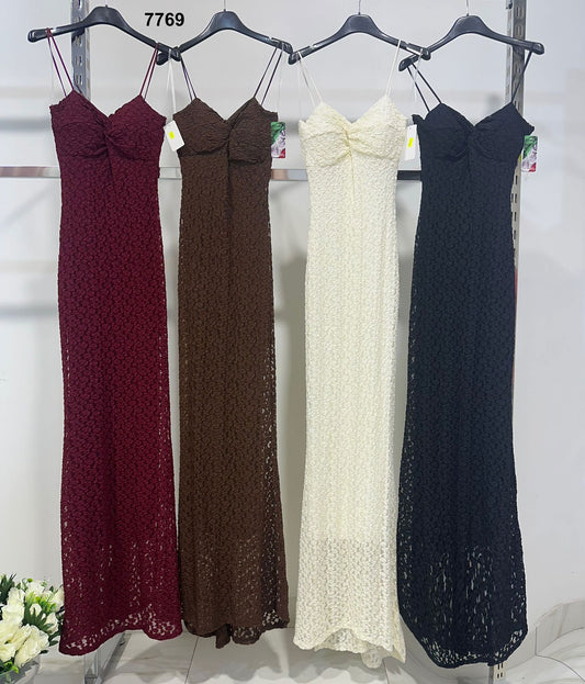 Abito Lungo Estivo in Pizzo con Scollo a Cuore e Spalline Sottili Vestito Romantico in 4 Colori – 7769