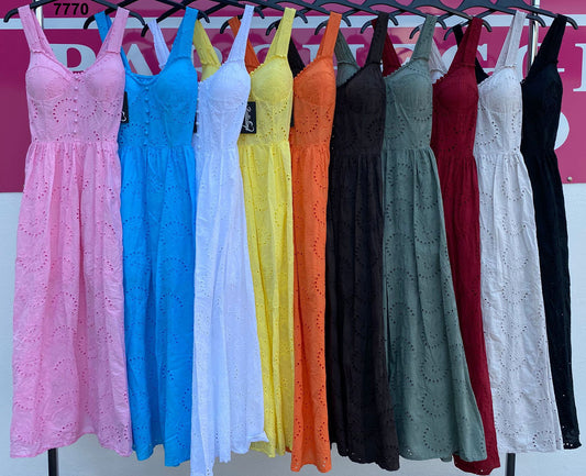 Abito Lungo Estivo in Sangallo con Spalline Larghe e Scollo Cuore Vestito Casual in 10 Colori – 7770