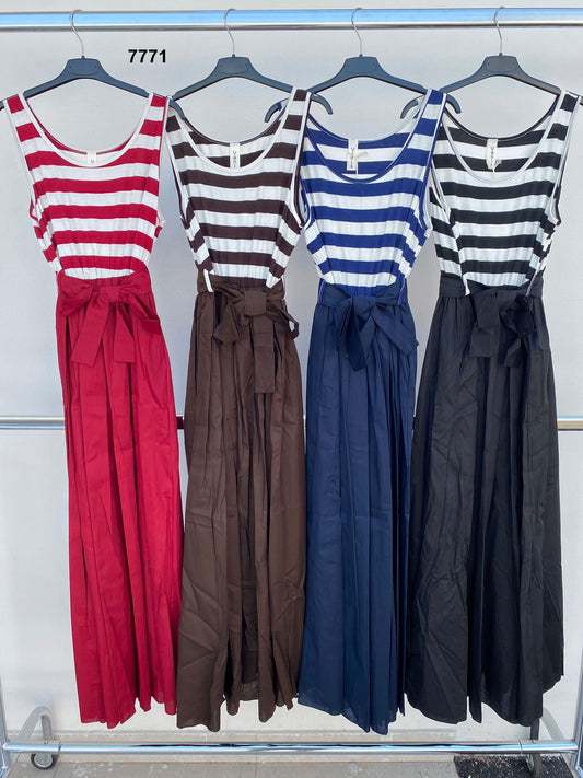 Abito Lungo Estivo a Righe con Fiocco in Vita Vestito Stile Marinaro in 4 Colori – 7771