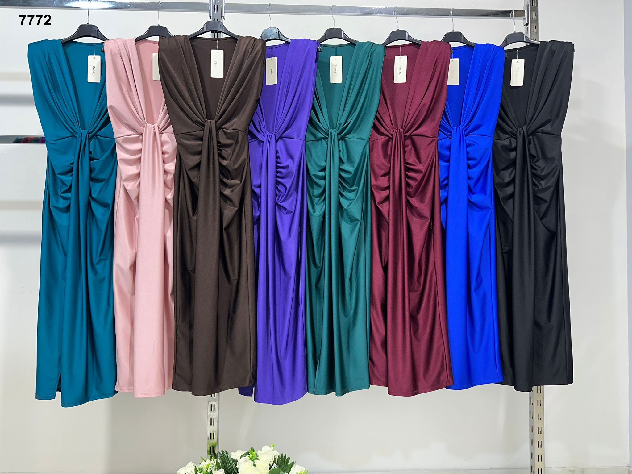 Abito Lungo Elegante Scollo Profondo con Drappeggio Centrale Vestito Evento in 17 Colori – 7772