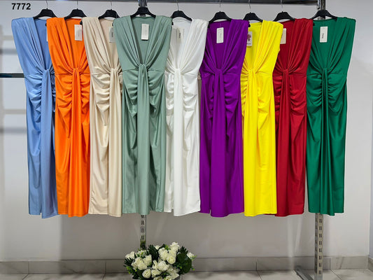 Abito Lungo Elegante Scollo Profondo con Drappeggio Centrale Vestito Evento in 17 Colori – 7772