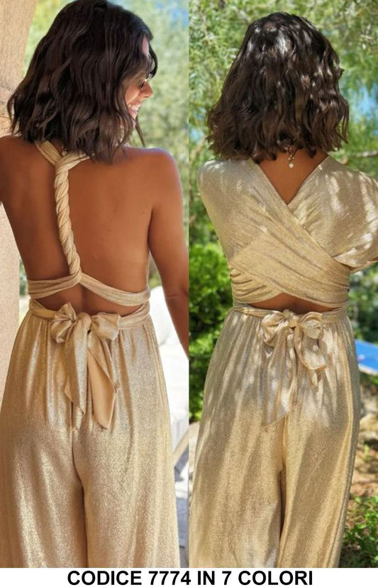 Tuta Lunga Lurex Schiena Scoperta con Scollo Incrociato Jumpsuit Casual Elegante in 7 Colori – 7774