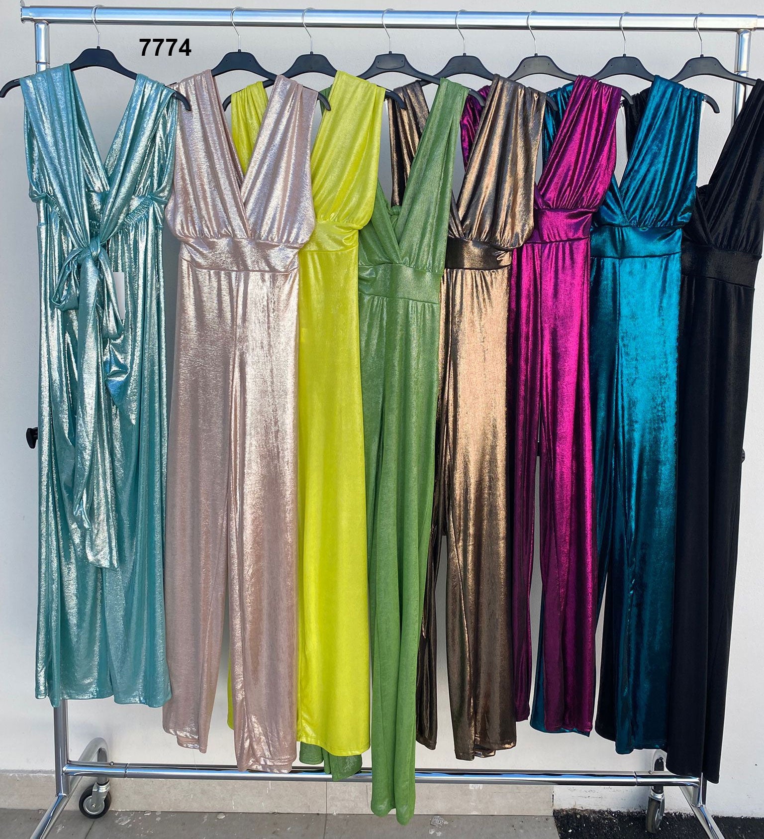 Tuta Lunga Lurex Schiena Scoperta con Scollo Incrociato Jumpsuit Casual Elegante in 7 Colori – 7774