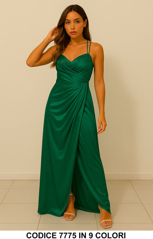 Abito lungo elegante con spalline sottili e scollo a cuore con drappeggio Vestito Cerimonia in 9 colori - 7775