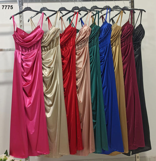 Abito lungo elegante con spalline sottili e scollo a cuore con drappeggio Vestito Cerimonia in 9 colori - 7775
