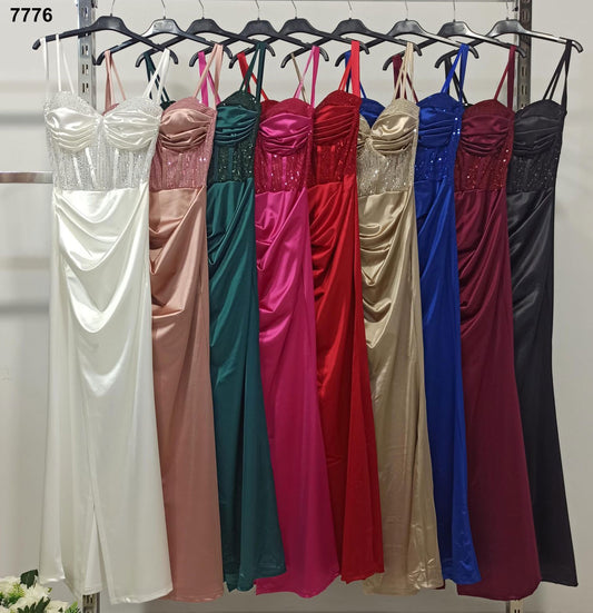 Vestito lungo con bustier glitterato e drappeggio Abito Elegante Cerimonia in 9 colori - 7776