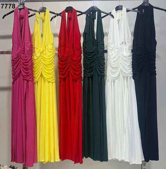 Vestito lungo con scollo all’americana e spacco Abito Elegante Evento in 6 colori – 7778