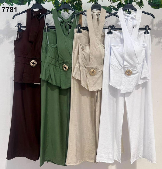 Completo estivo con cintura decorativa Top e Pantaloni Coordinato Casual in 4 colori - 7781