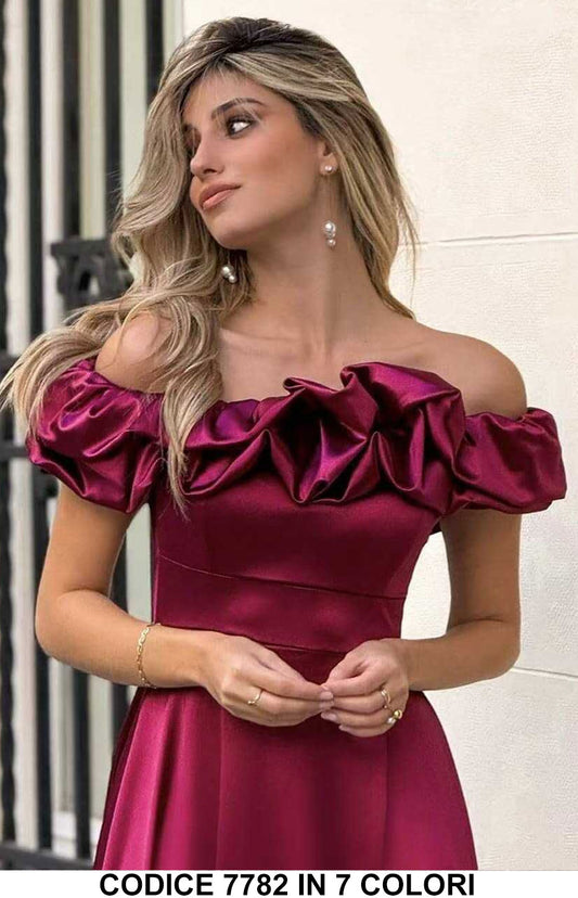 Vestito lungo elegante con volant sulle spalle Abito Cerimonia Evento in 7 colori - 7782