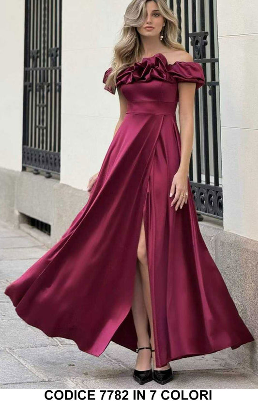 Vestito lungo elegante con volant sulle spalle Abito Cerimonia Evento in Bordeaux - 7782Out