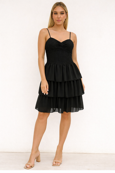 Vestito corto in pizzo con balze e spalline sottili Abito Evento Apertitivo Elegante in Nero - 7787