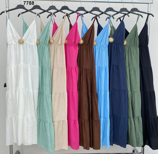 Vestito lungo con spalline sottili e dettaglio gioiello Abito Estate Casual in 9 colori - 7788