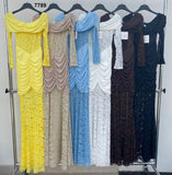 Abito lungo in pizzo con maniche lunghe e spalle scoperte Vestito Arricciatura frontale in Bianco - 7789Out