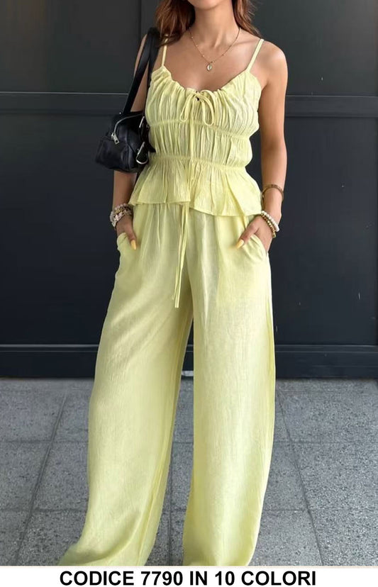 Completo due pezzi con top arricciato e pantalone palazzo Coordinato in 10 colori - 7790