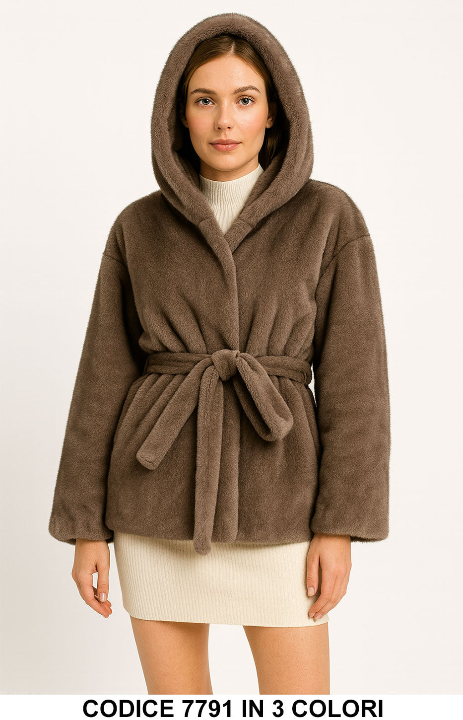 Giubbotto eco Pelliccia con cappuccio e cintura Casual Fashion Glamour in 3 colori – 7791
