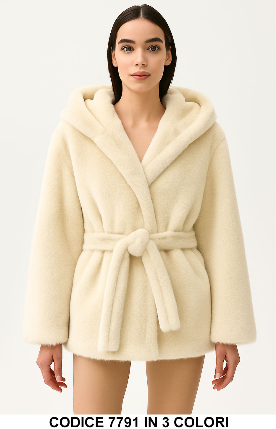Giubbotto eco Pelliccia con cappuccio e cintura Casual Fashion Glamour in 3 colori – 7791