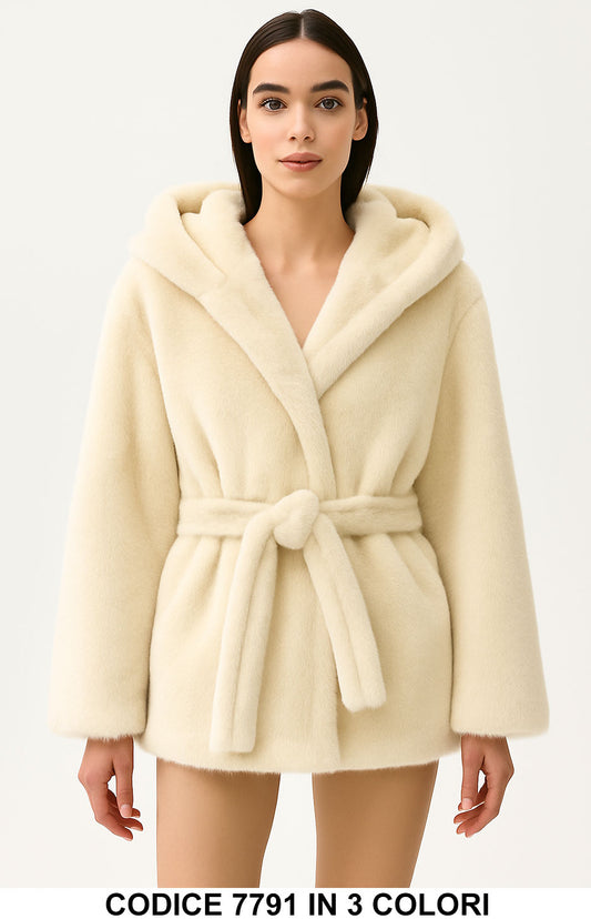 Giubbotto eco Pelliccia con cappuccio e cintura Casual Fashion Glamour in 3 colori – 7791