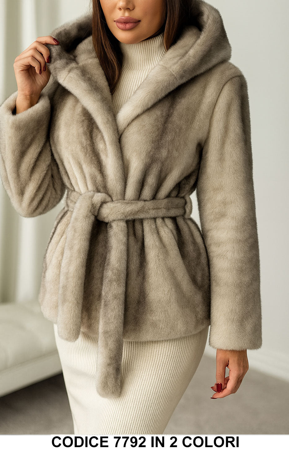 Giubbotto eco Pelliccia con cappuccio e cintura Fashion Chic Casual Pellicce in 2 colori – 7792