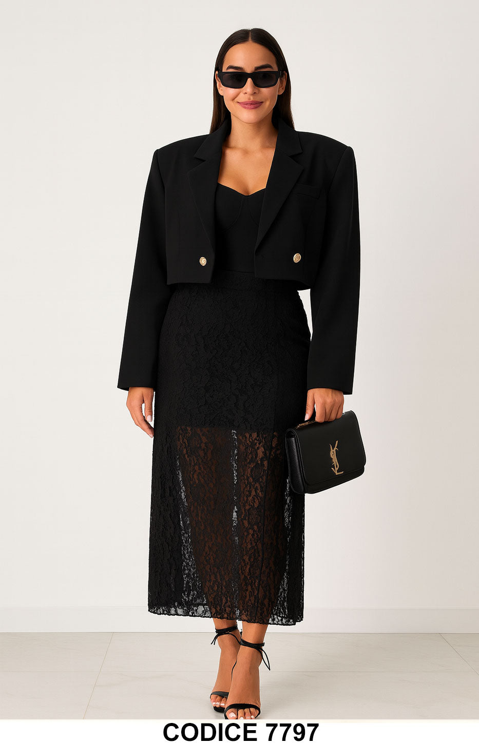 Completo Elegante 3 Pezzi con Giacca Crop, Body e Gonna in Pizzo Coordinato Fashion – 7797