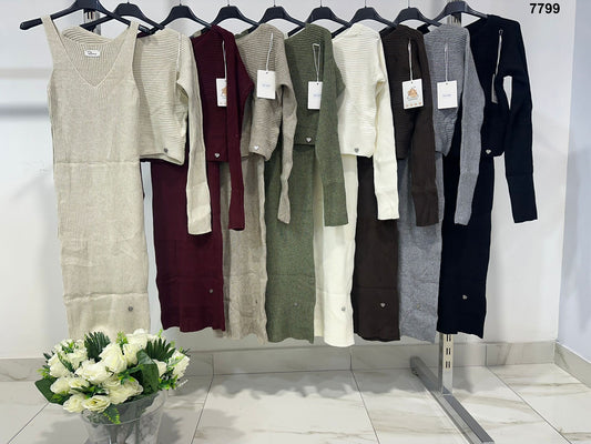 Completo Maglia Manica Lunga Vestito lungo Smanicato Coordinato Trama Costine in 8 colori – 7799