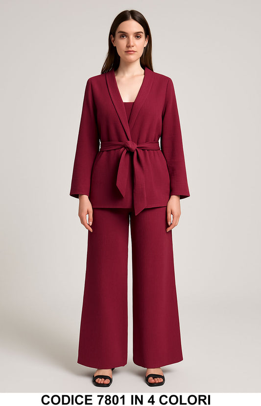 Completo Tailleur elegante giacca lunga con cintura e pantalone palazzo Coordinato in 4 colori - 7801