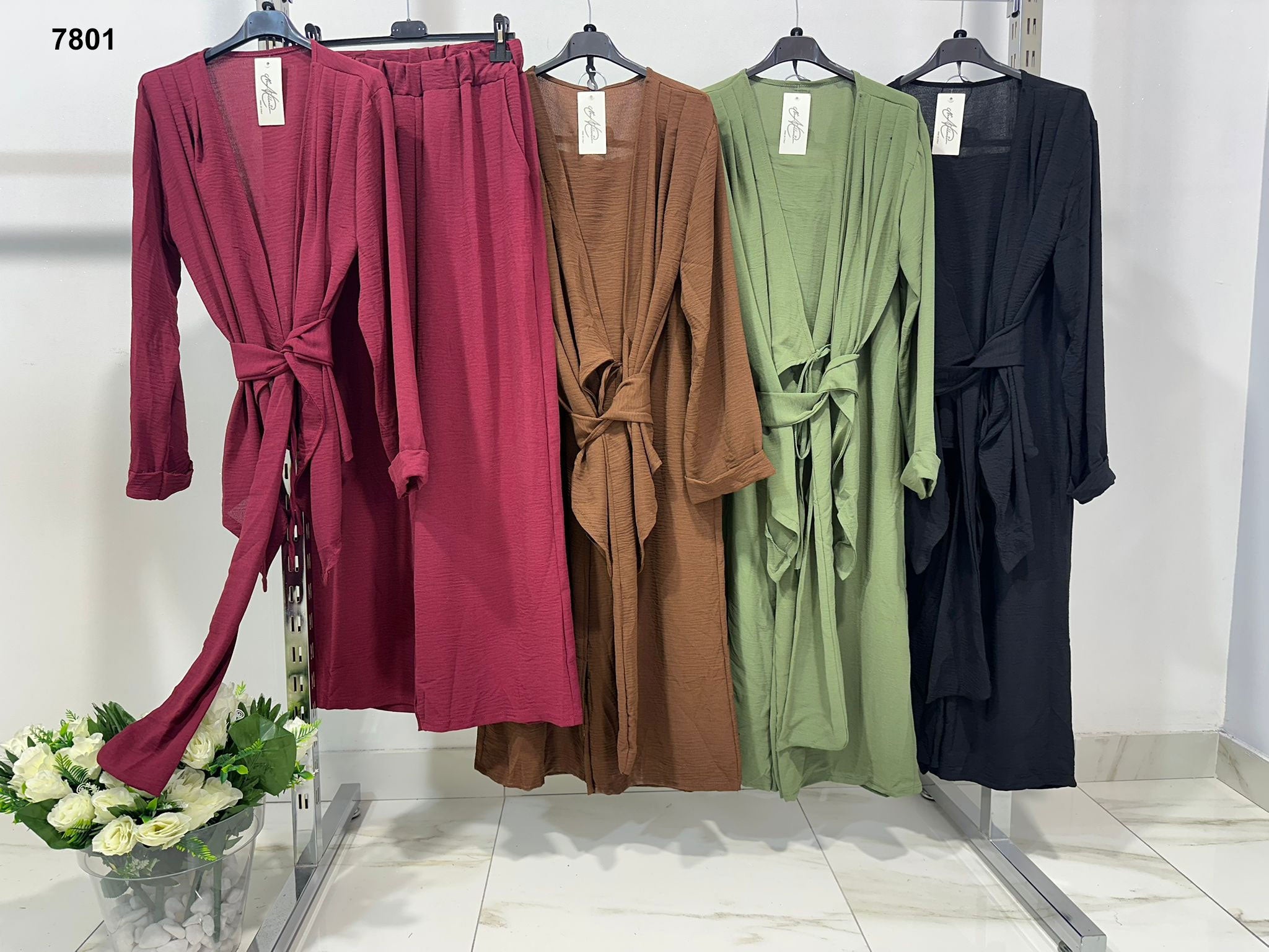 Completo Tailleur elegante giacca lunga con cintura e pantalone palazzo Coordinato in 4 colori - 7801