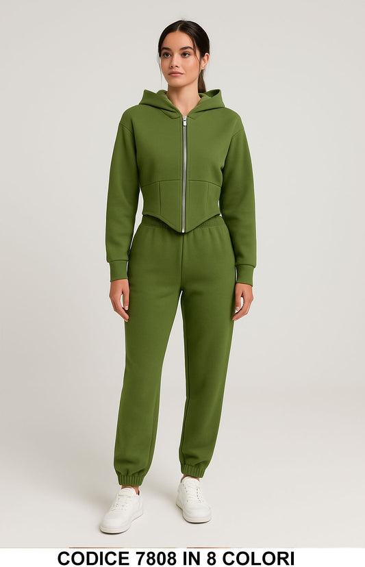Completo tuta con felpa corta Cappuccio e Zip Pantalone Coordinato Sportivo Fashion in 8 colori – 7808