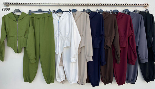 Completo tuta con felpa corta Cappuccio e Zip Pantalone Coordinato Sportivo Fashion in 8 colori – 7808