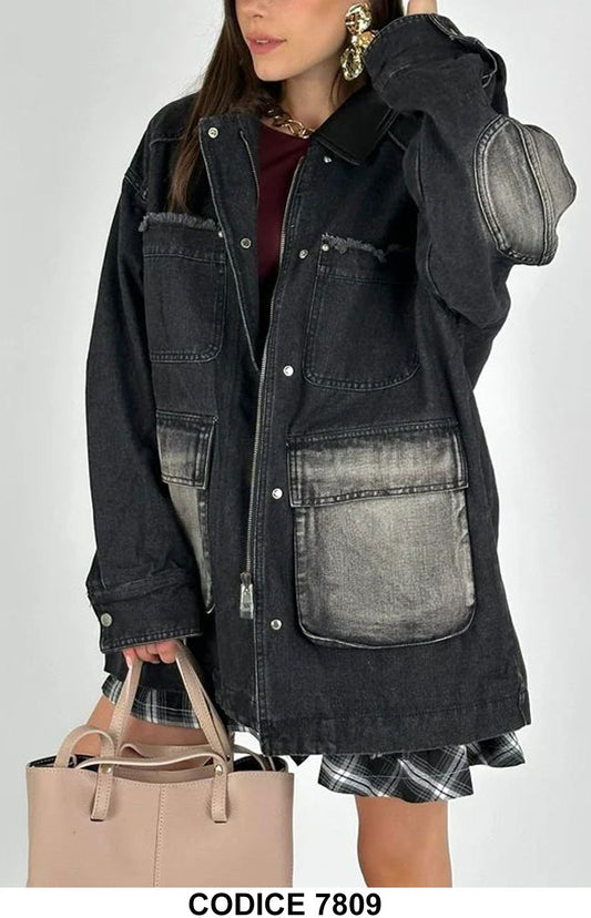 Giacca oversize in jeans con tasche maxi Giubbotto Cappotto Urban Casual Nero e Grigio – 7809