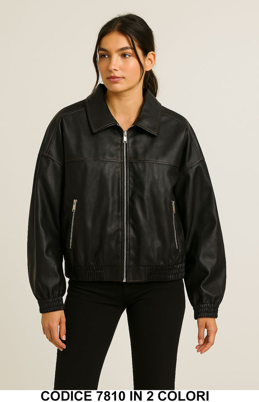 Giubbotto in ecopelle con zip e dettagli cuciture Giubbino Casual Elegante Marrone o Nero – 7810