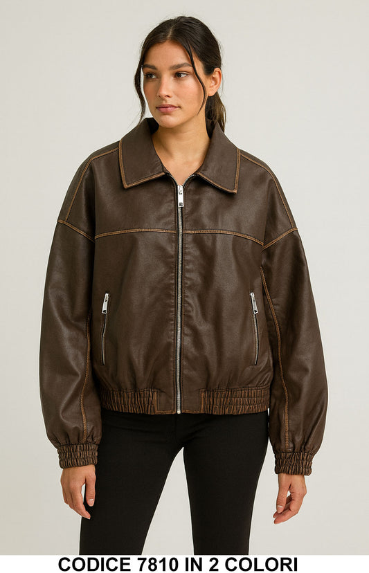 Giubbotto in ecopelle con zip e dettagli cuciture Giubbino Casual Elegante Marrone o Nero – 7810
